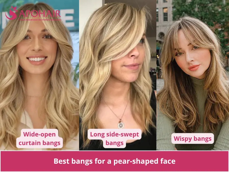 Three women with wide curtain bangs, long side-swept bangs, and wispy bangs