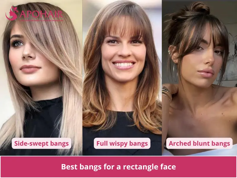 Three women with side-swept bangs, full wispy bangs, and arched bangs