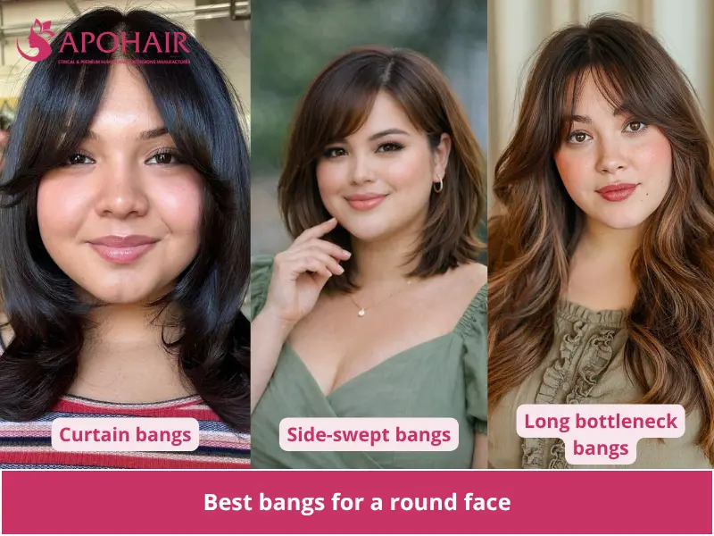 Three women with curtain bangs, side-swept bangs, and long bottleneck bangs