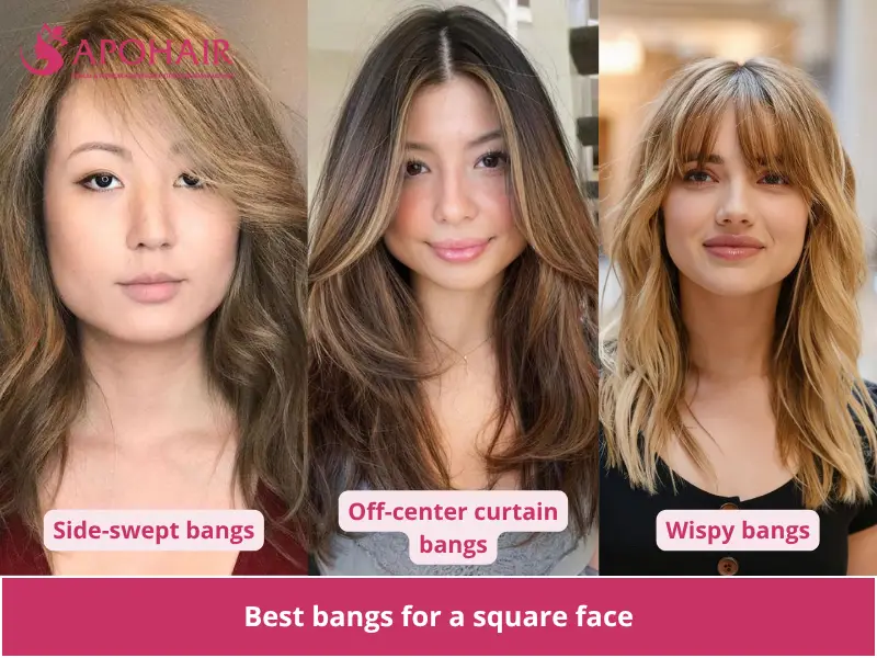 Three women with side-swept, off-center curtain, and wispy bangs