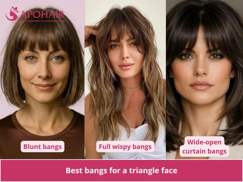 Three women with blunt bangs, full wispy bangs, and wide curtain bangs