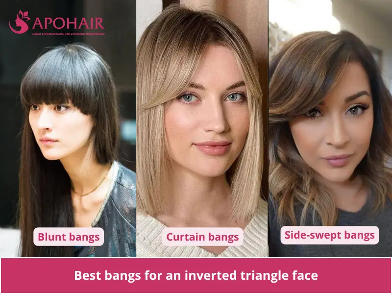 Three women with blunt bangs, curtain bangs, and side-swept bangs