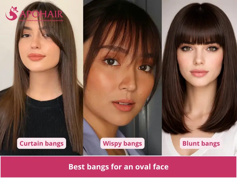 Three women with curtain bangs, wispy bangs, and blunt bangs