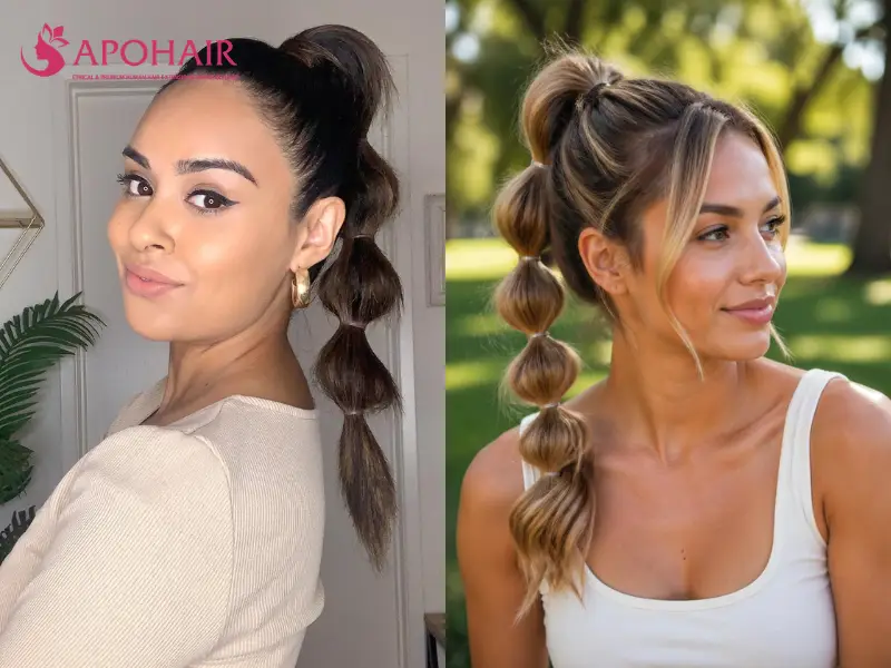 Two women wearing bubble half-up ponytails secured at several intervals