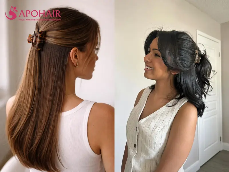 Two women wearing long half-up hairstyles secured with claw clips