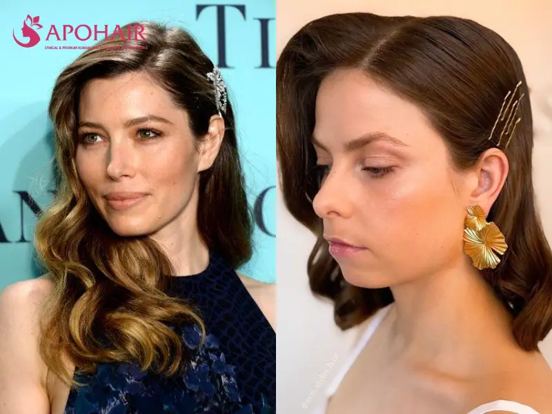 Two women with deep side parts and front sections pinned behind one ear
