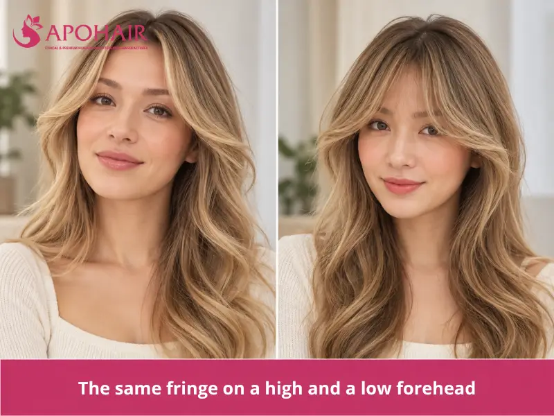 Side-by-side comparison of fringe placement on high and low foreheads