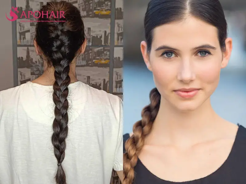 Front and back views of a single French braid running down the center of the head
