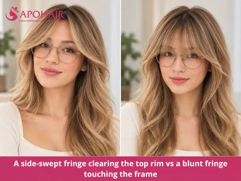 Side-by-side comparison of side-swept and fuller bangs worn with round glasses