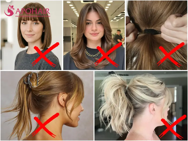 Collage of five hairstyles with bangs, loose front layers, and insecure ponytails marked with red crosses