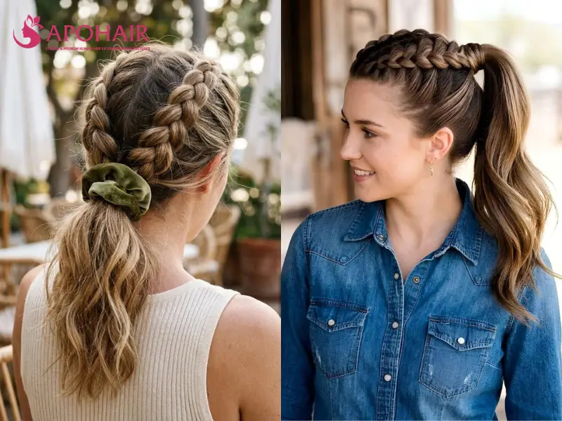 Two women wearing raised Dutch braids that join half-up ponytails