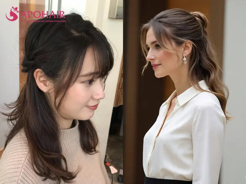 Two women wearing half-up ponytails with twisted side sections