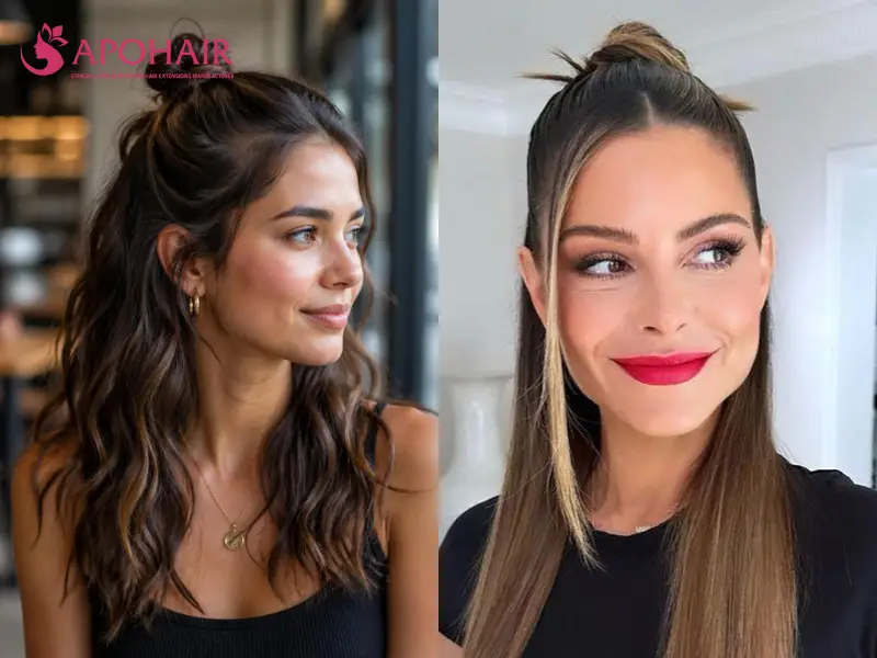 Two women wearing small half-up top knots with the lower lengths left loose