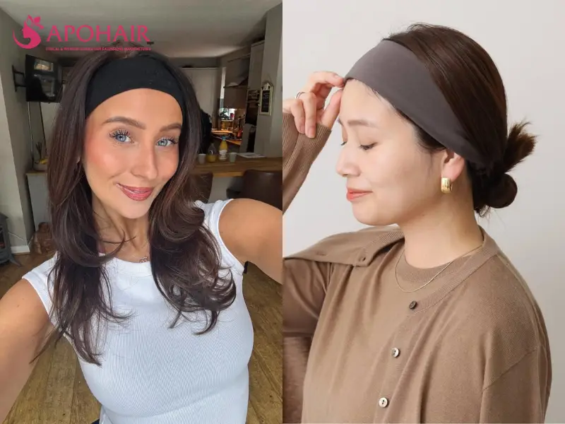 Two women using wide headbands to hold their front hair away from the face