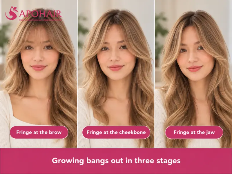 Three stages of bangs growing from the eyebrows to the cheekbones and jaw