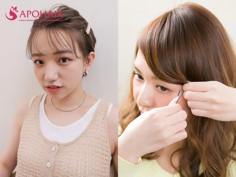 Two women pinning short bangs back with visible bobby pins