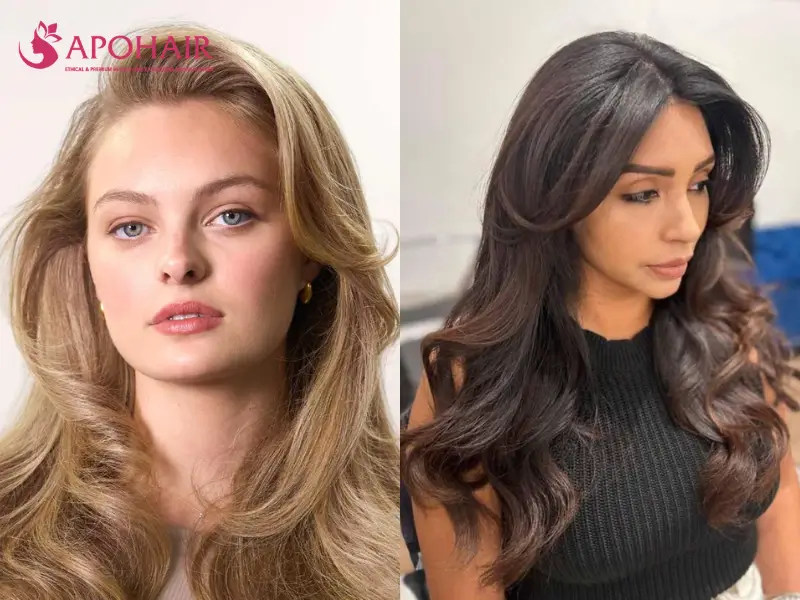 Two women with voluminous blowouts directed backward from the face