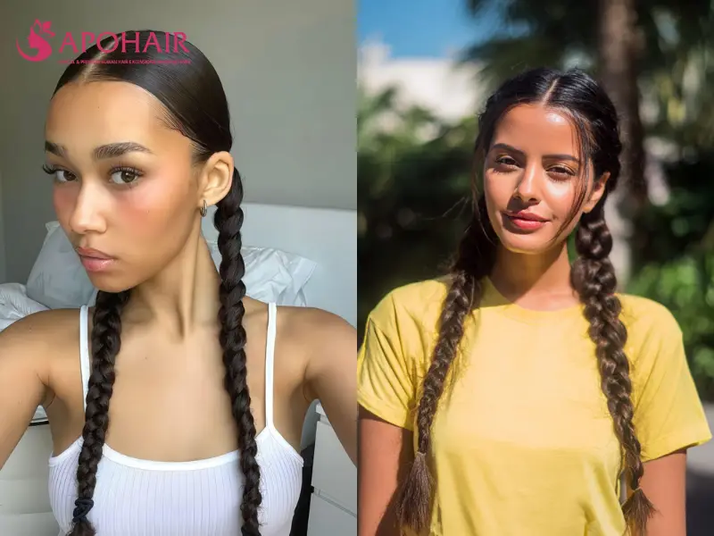 Two women wearing sleek center-parted low braided pigtails