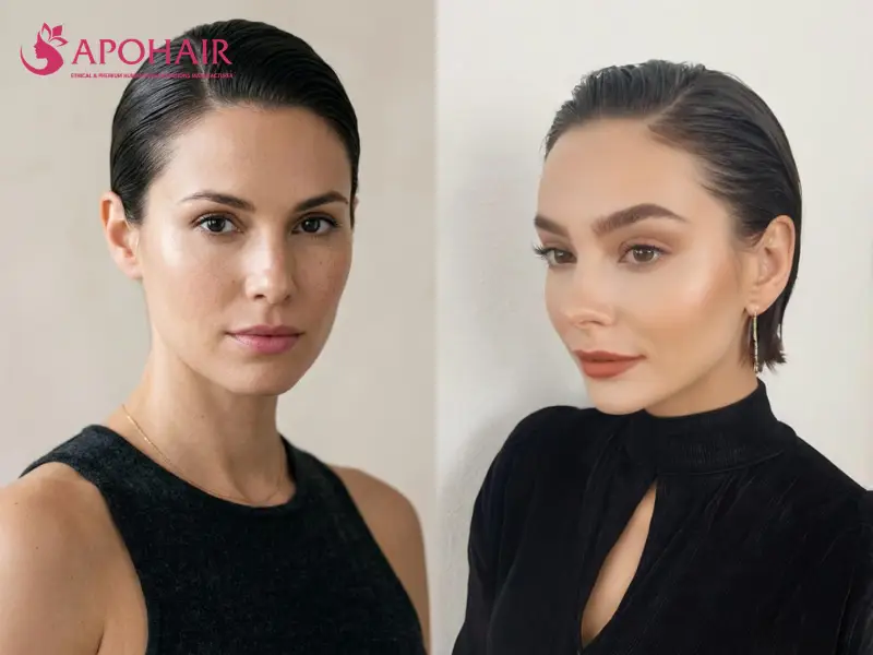 Two women wearing short dark bobs slicked straight back from the hairline