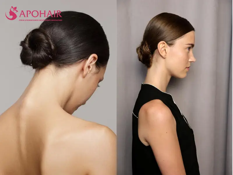 Two side and back views of sleek low buns positioned at the nape