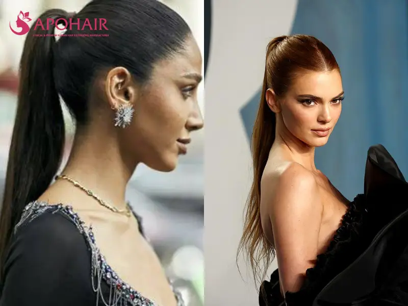 Two women wearing sleek high ponytails with the front hair brushed back