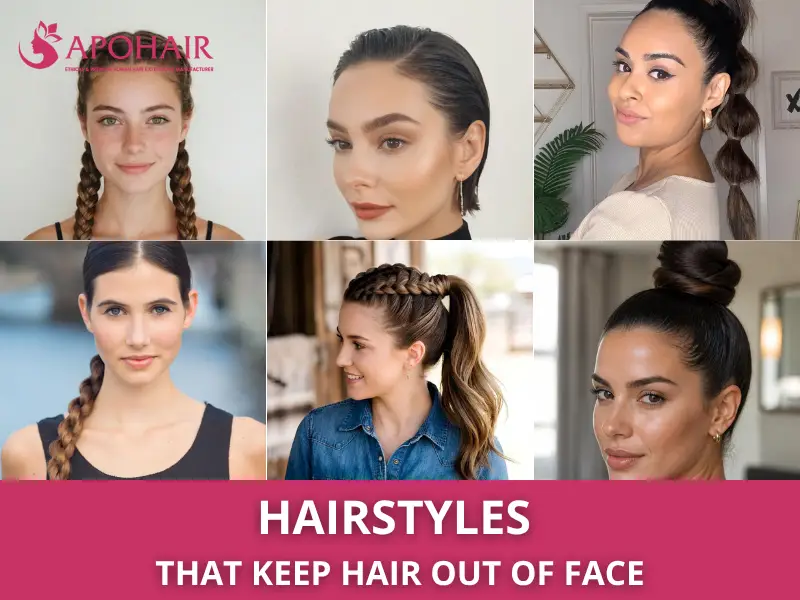 Collage of six pulled-back and braided hairstyles that keep hair out of the face