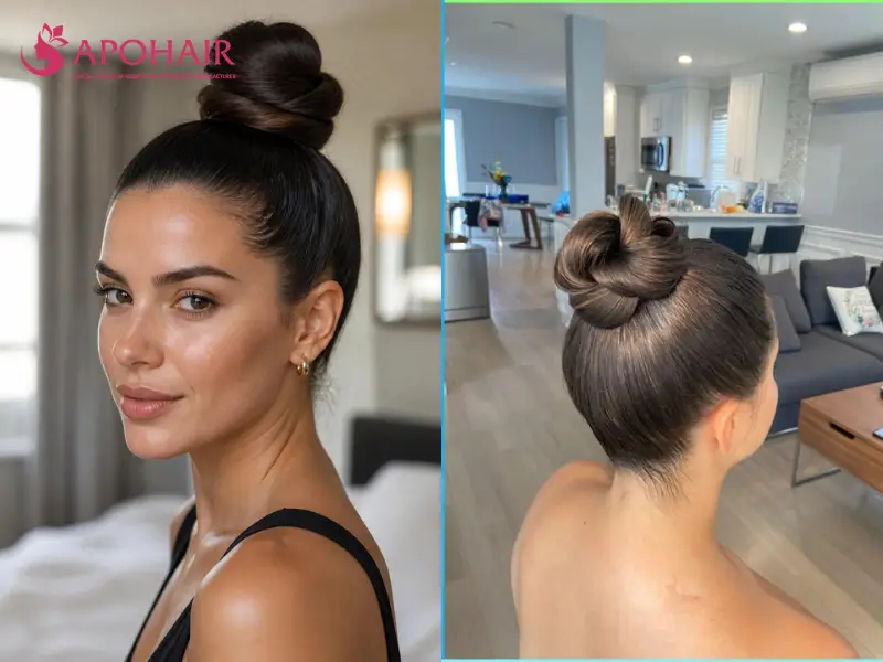 Front and back views of women wearing sleek twisted top knots at the crown