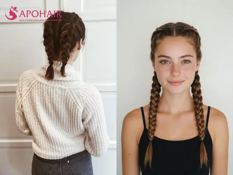 Front and back views of short hair styled into two French braids along a center part