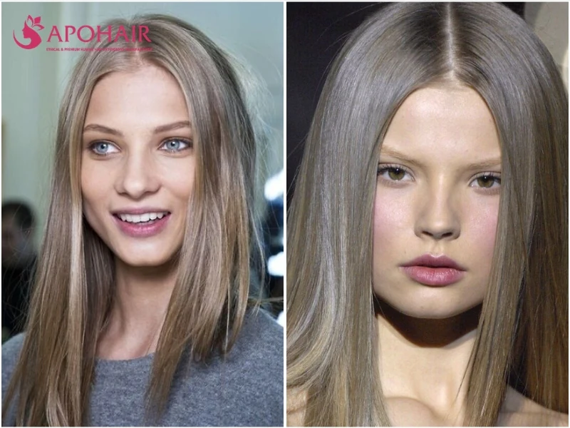 Two women with long straight ash blonde hair in a smoky beige-gray tone, framing fair cool skin tones