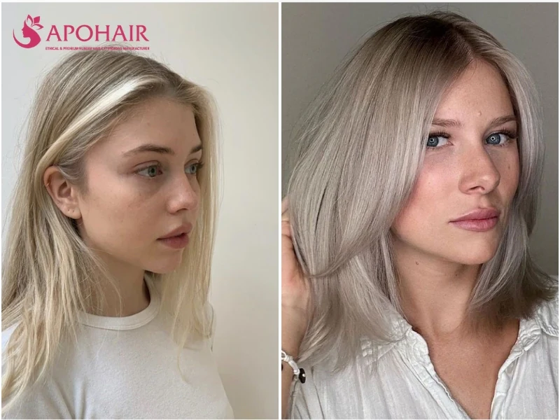 Two women with ash blonde hair, one in pale blonde with a bright face-framing streak and one in a smoky ash bob, on fair skin