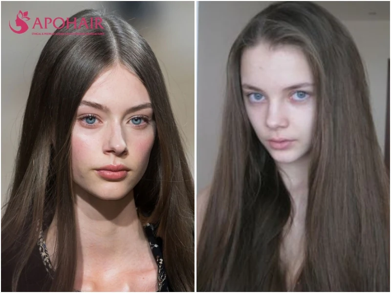 Two women with long straight ash brown hair in a cool gray-brown tone and light blue eyes on cool skin tones