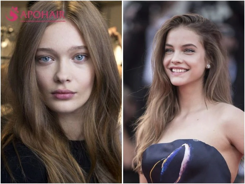Two women with long ash brown hair in a soft gray-brown tone and light eyes, set against fair skin