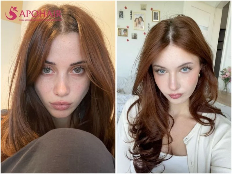 Two women with auburn hair, a red-brown shade with warm copper tones, one in loose waves, on fair skin