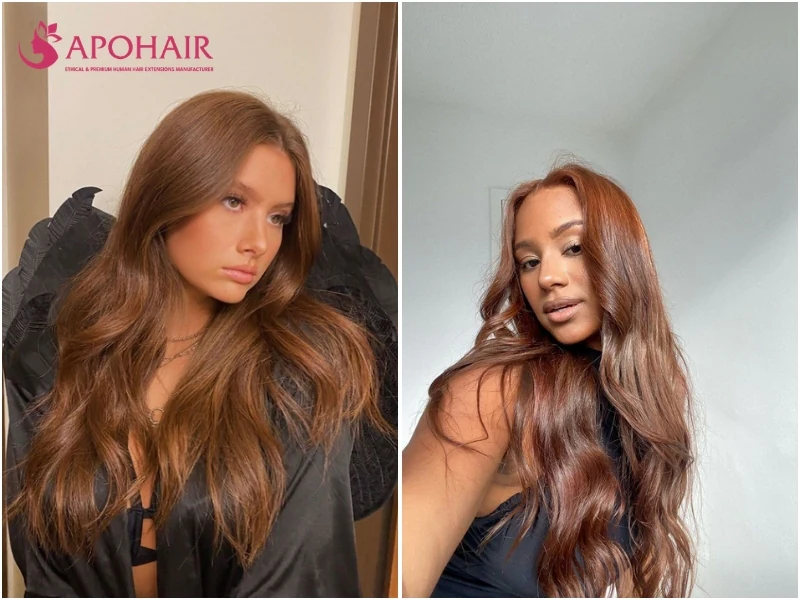Two women with long auburn waves, a red-brown shade with copper glints, on light and deep warm skin tones