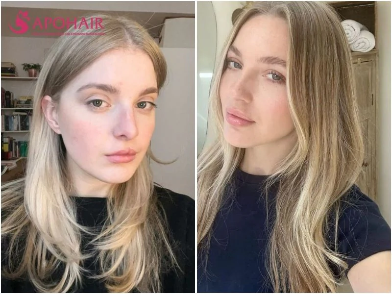 Two women with long beige blonde hair and soft highlights in a sandy cream tone, on fair skin