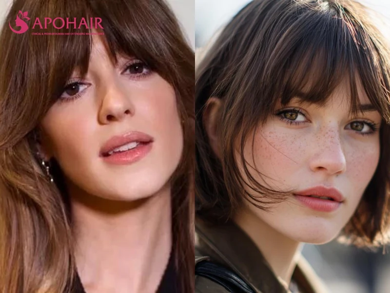 Two close-up portraits of women with long, full Birkin bangs grazing the brows and lengthening toward the jaw