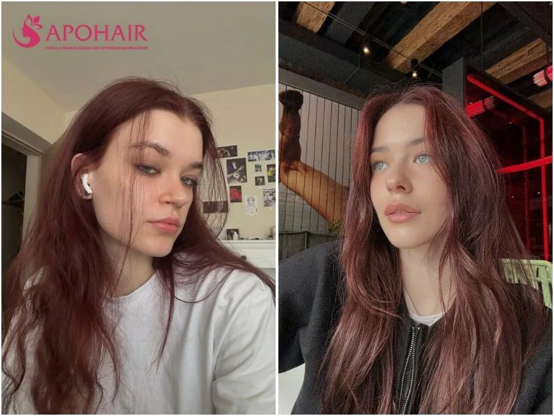 Two women with deep black cherry hair carrying a red-violet tint, long and straight, on fair skin