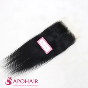 Natural straight closure 5x5 in natural black Vietnamese human hair, laid flat with the APOHAIR tag