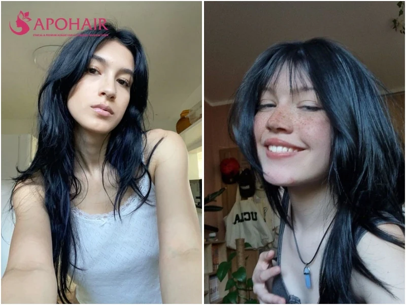 Two women with blue black layered hair, one in a long shag and one with curtain bangs, on fair cool skin tones