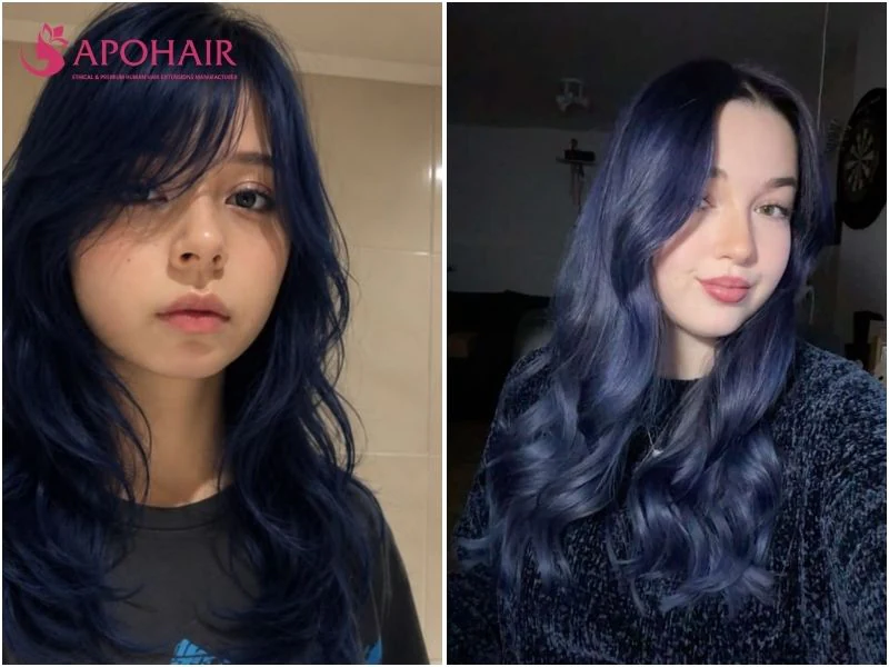 Two women with blue black hair, one with long layers and bangs and one with navy waves, on fair skin