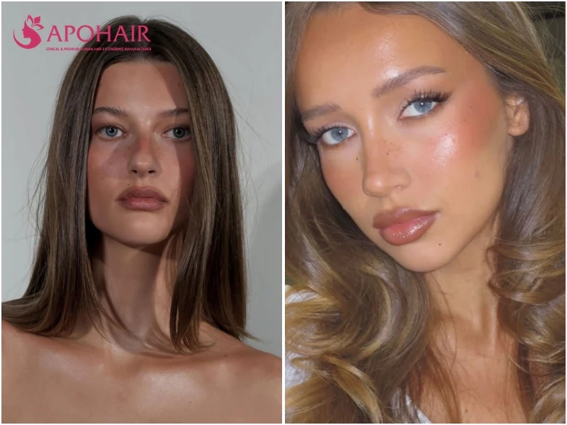 Two women with blue eyes and warm skin tones, one with a straight brown lob and one with honey-brown waves