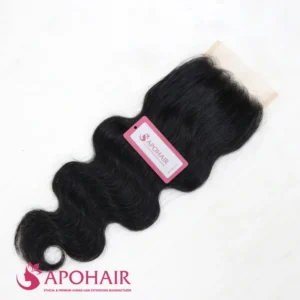 Body wavy closure 5x5 in natural black Vietnamese human hair with loose S-shaped waves and the APOHAIR tag