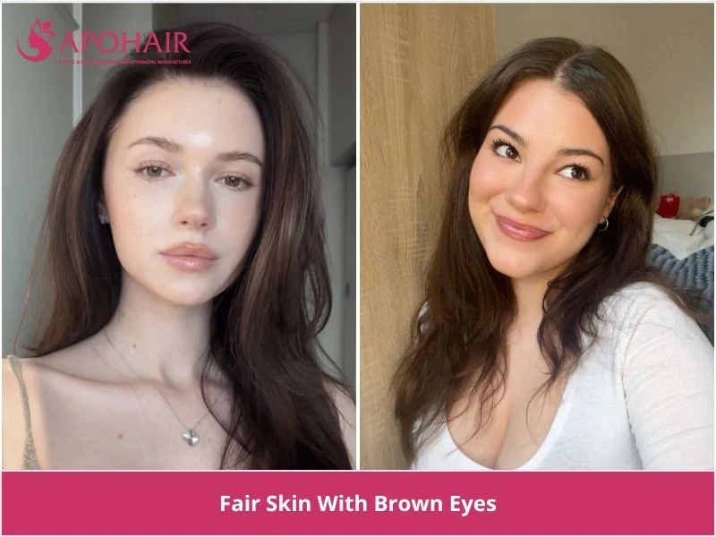 Two women with brown eyes and fair skin, one with long dark brown hair and one with soft brunette waves