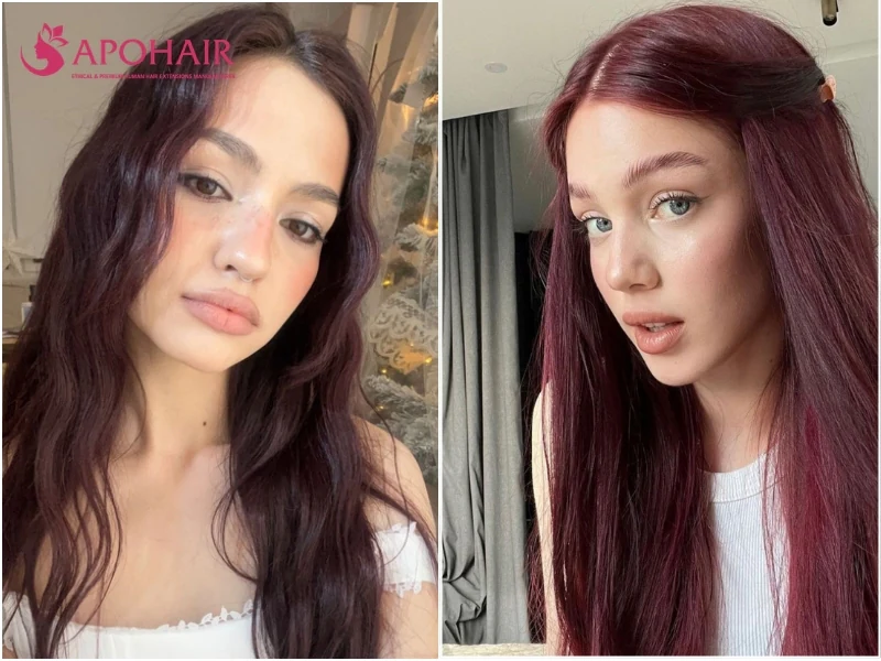 Two women with deep burgundy hair, one in loose waves and one straight, a wine red that suits cool skin tones
