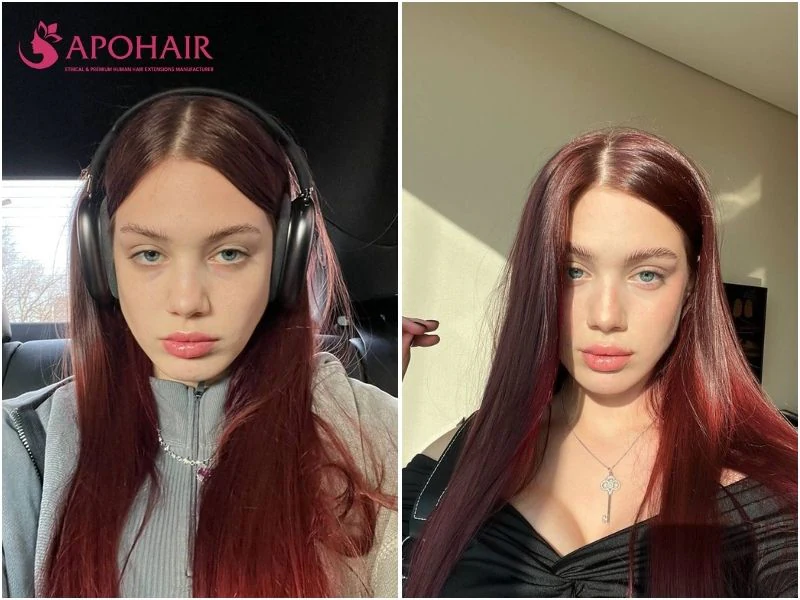 Two women with straight burgundy hair parted in the center, a deep wine red against fair skin