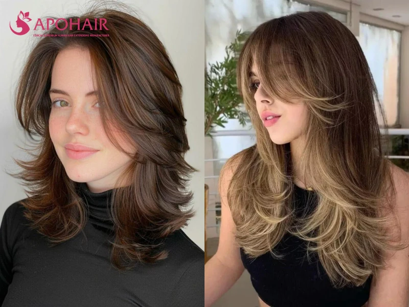 Two women with butterfly cut layers, short curved layers on top over long lengths with highlights