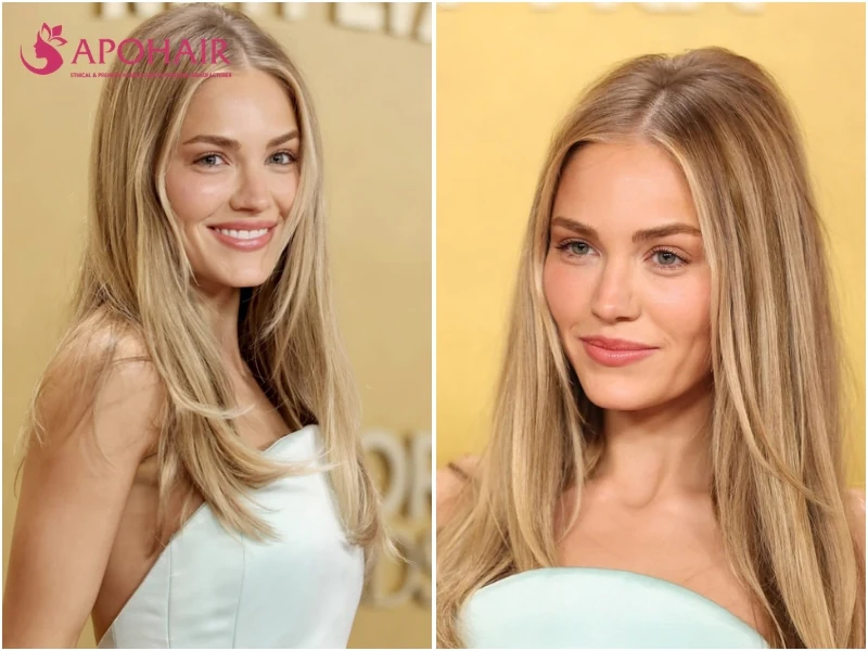 Michelle Randolph in two shots with long, straight buttery blonde hair in a soft creamy gold, on warm skin