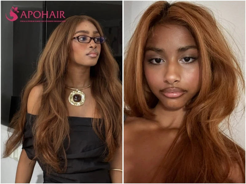 Two women with long caramel brown hair in golden toffee tones, one wearing glasses, on deep warm skin tones