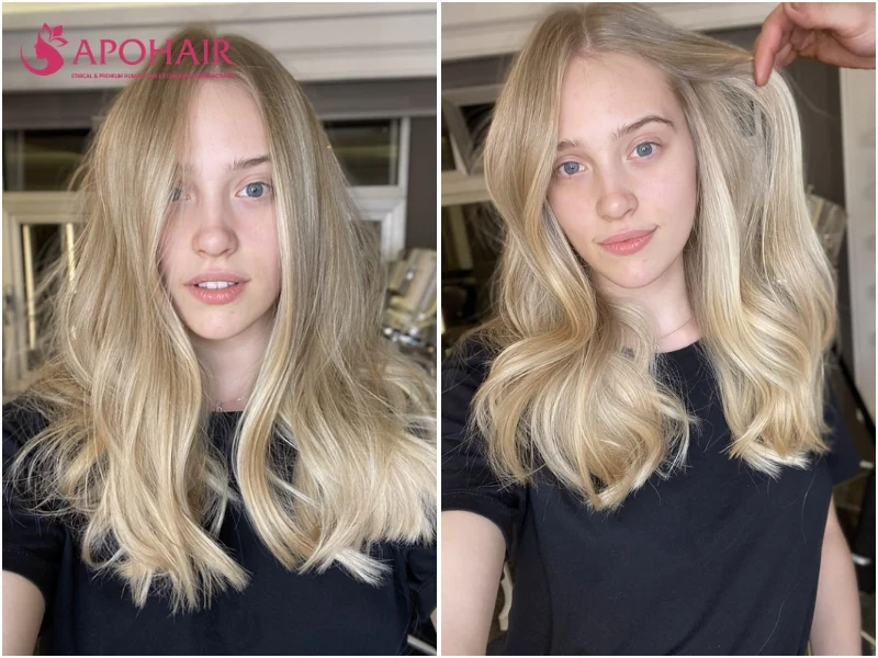 Two women with long wavy champagne blonde hair in a soft beige tone, set against light cool skin tones