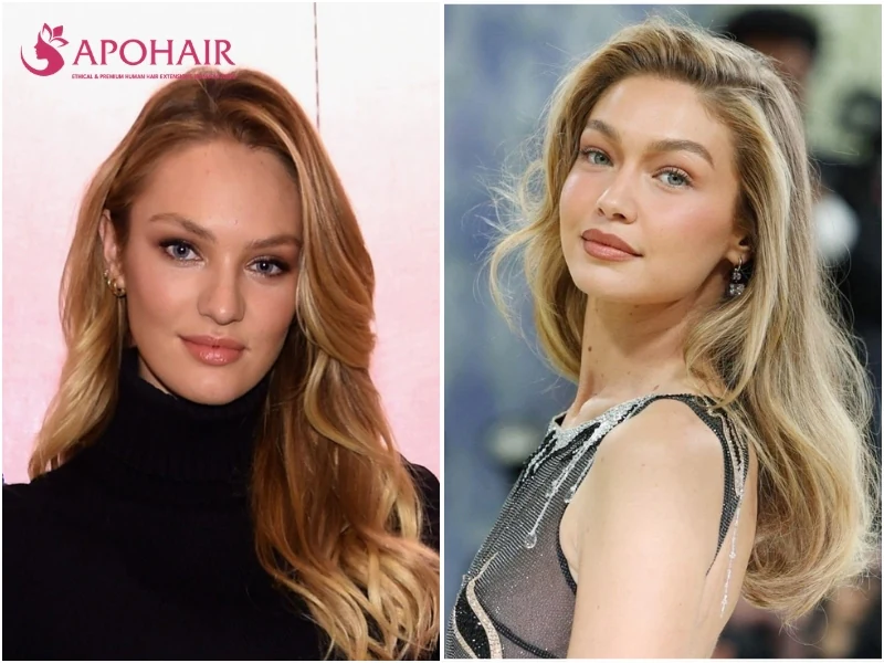 Candice Swanepoel and Gigi Hadid with long golden-beige blonde waves, a champagne-style shade on warm skin